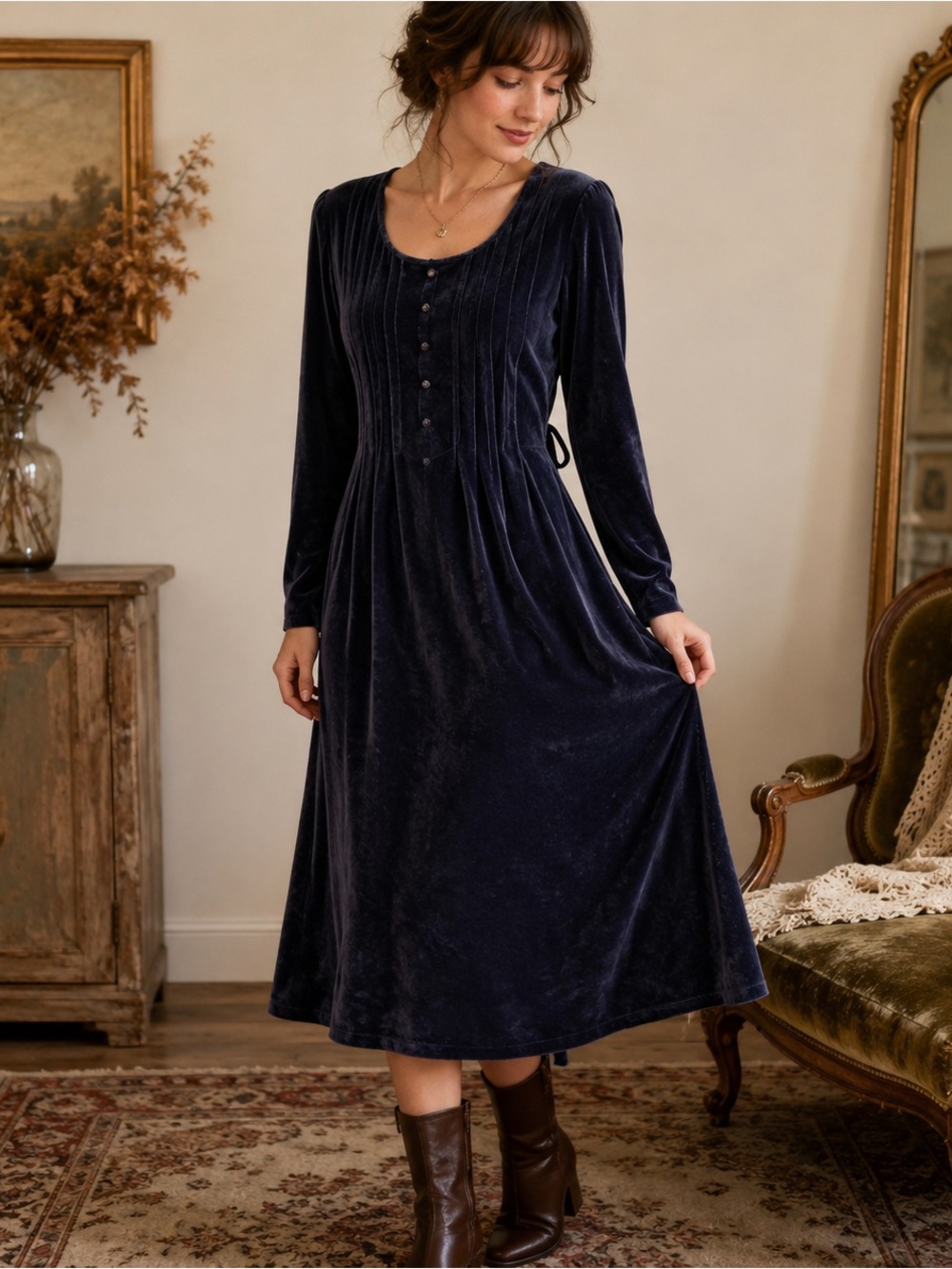 Vintage Fads Crushed Velvet Midi Dress Women’s PM Navy Blue Long Sleeve 90s